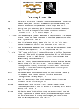 Jonas Salk Legacy Foundation (JSLF) Centenary Events Calendar Page 1